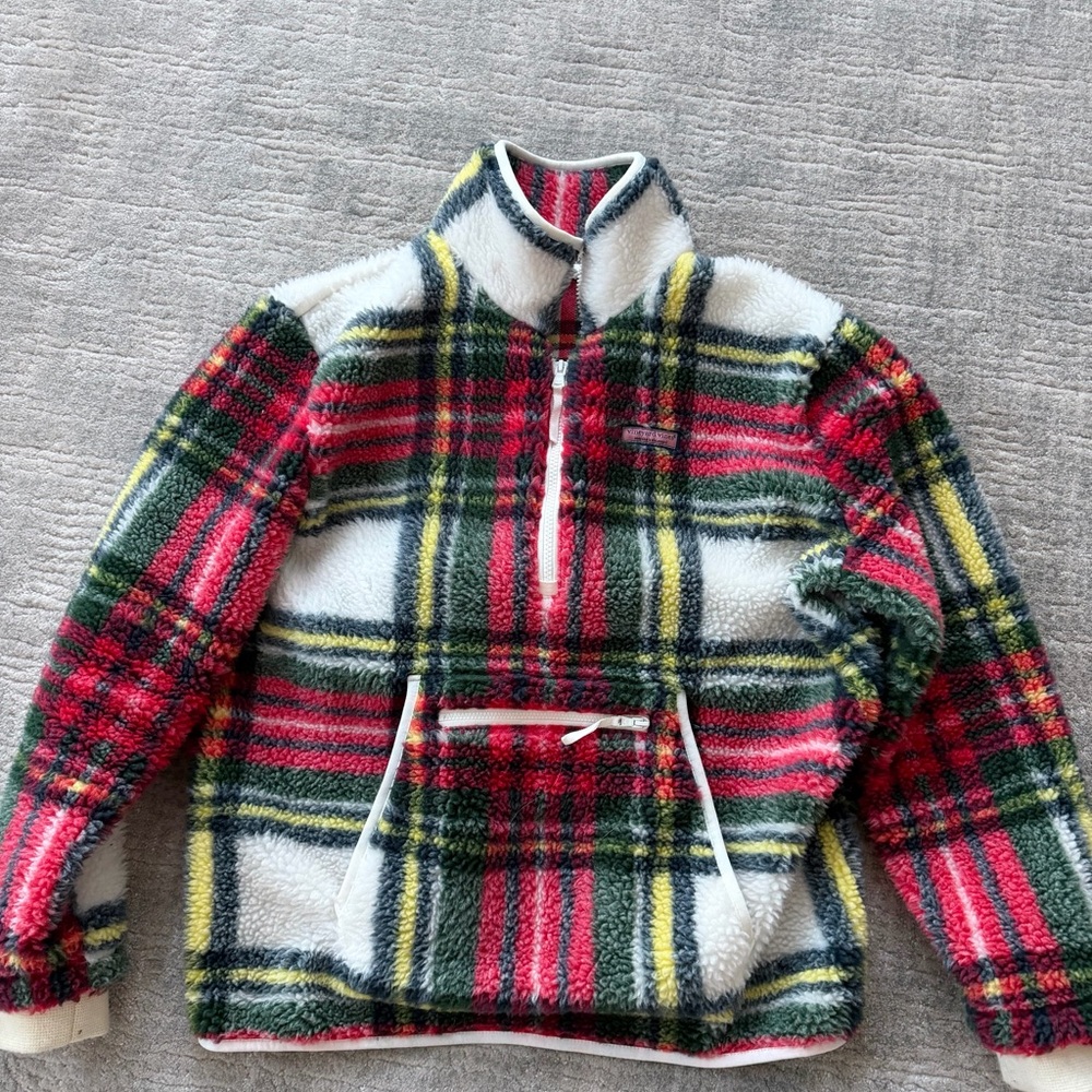 Vineyard Vines Red and Green Plaid Fleece Sweater